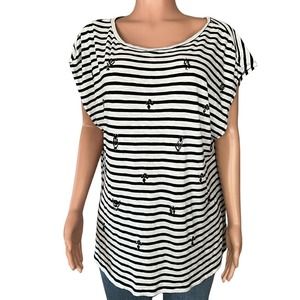 Caslon Shirt 1X Black White Stripe Beaded Sleeveless Boat Neck Cotton Blend